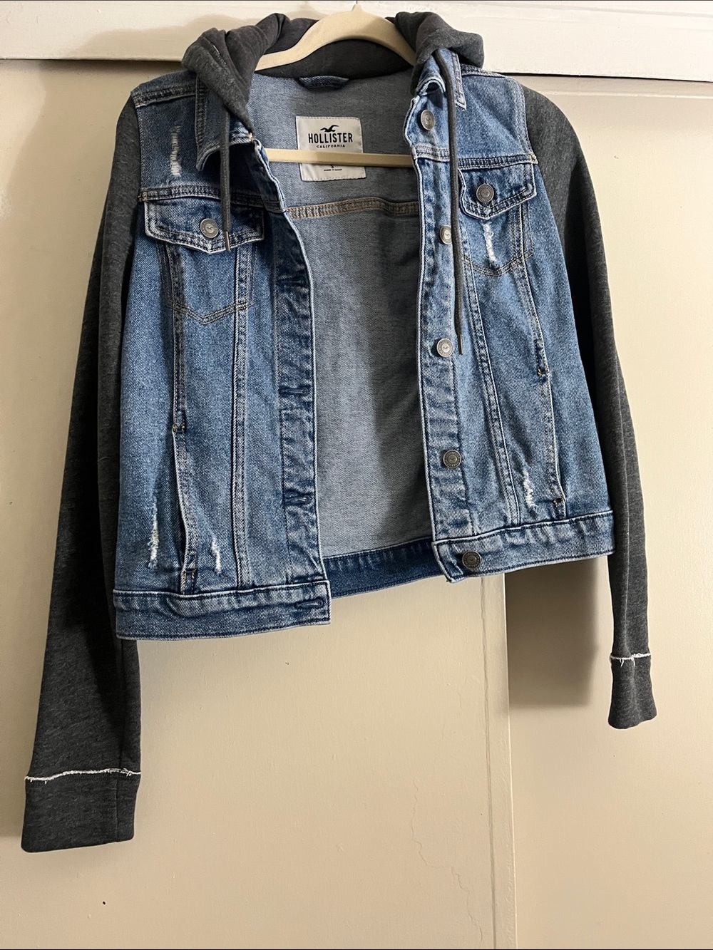 Hollister Blue Denim Jacket with Dark Gray Hoodie